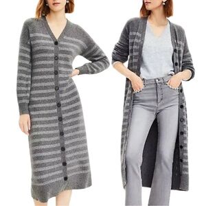 LOFT Striped Cardigan Sweater Midi Dress Gray Medium